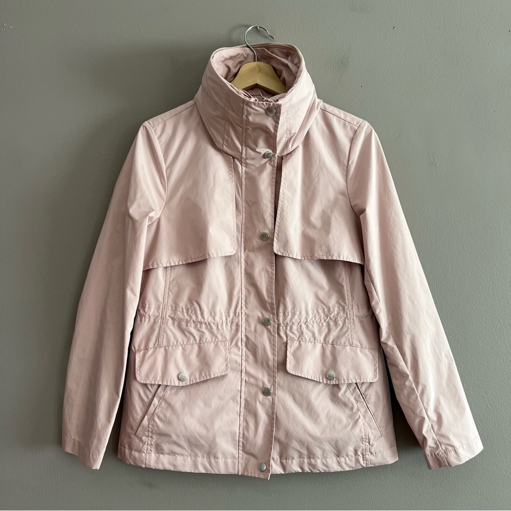 Cole Haan Short Packable Rain Jacket Hidden Hood Zip Pouch Cinched Waist Pink S